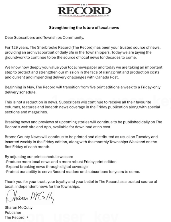A letter, titled 'Strengthening the future of local news', on Sherbrooke Record letterhead.